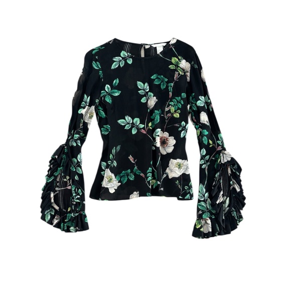 H&M Tops - H&M Ruffle Sleeve Floral Blouse - Black & Green Size 6